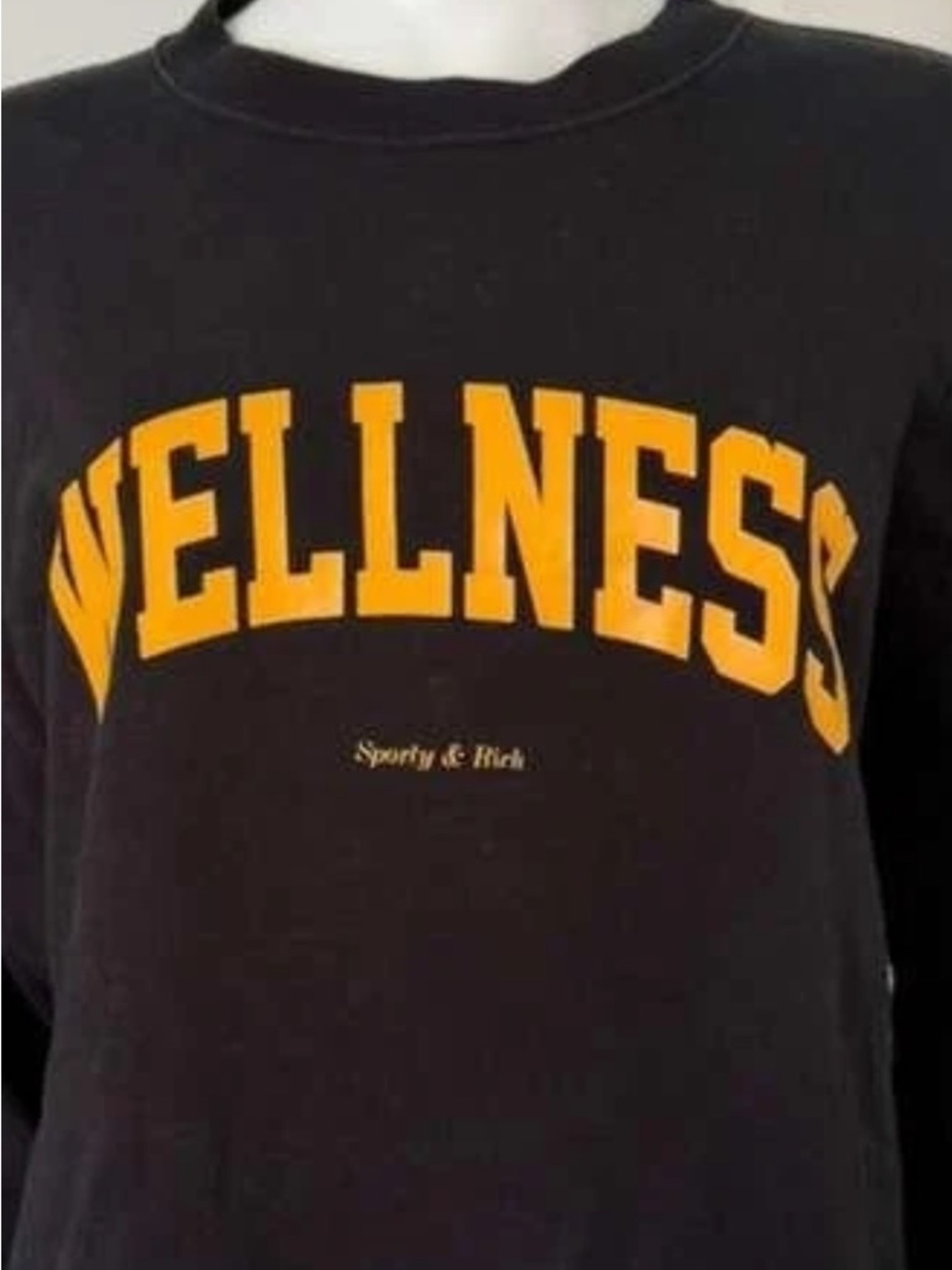 Sporty & Rich  Wellness Black Sweatshirt with Gold Lettering. L